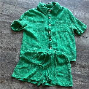 Green Button-Up Shirt and Shorts Set